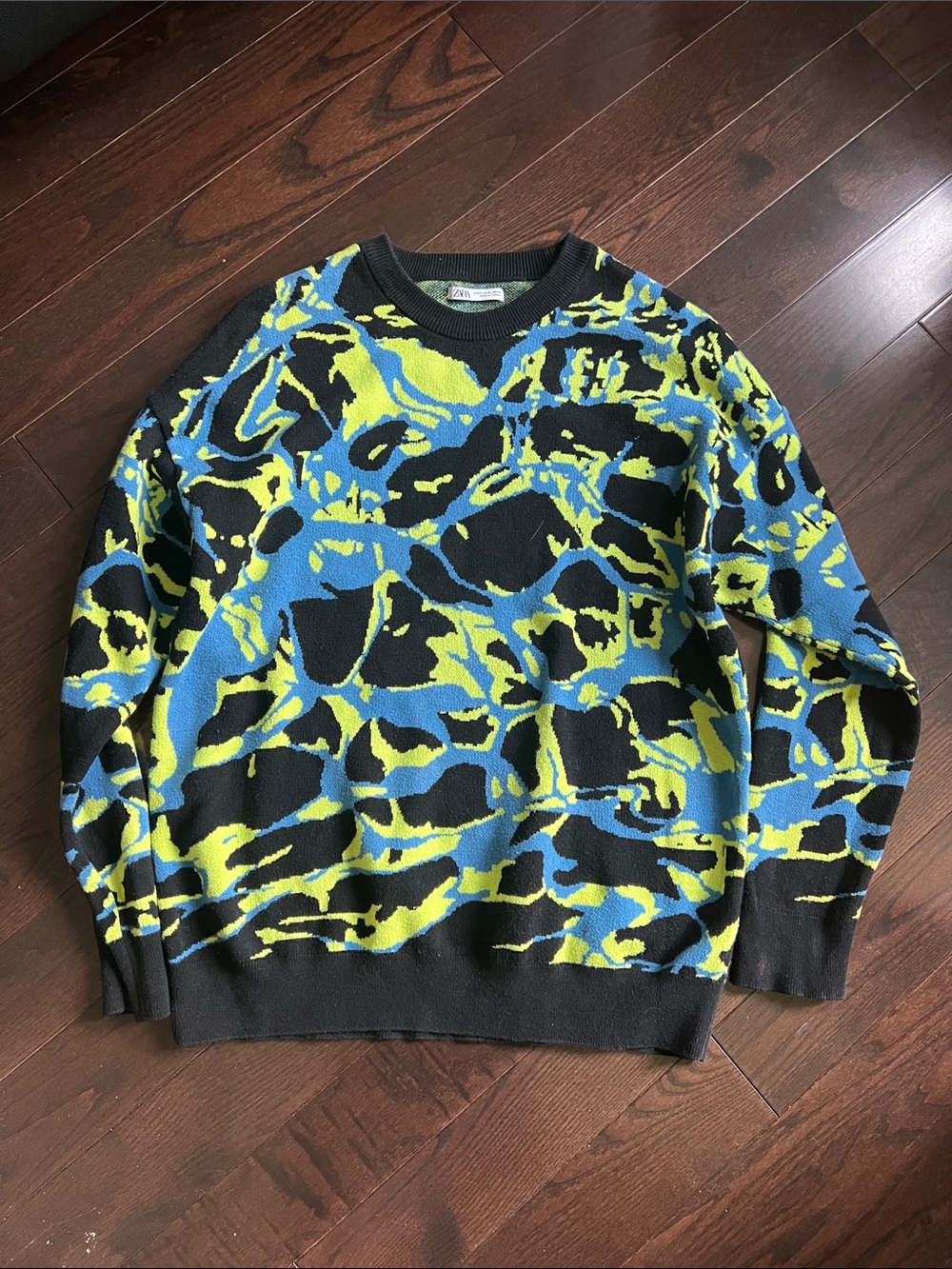 Zara Men's Crewneck Sweater in Black, Blue & Lime